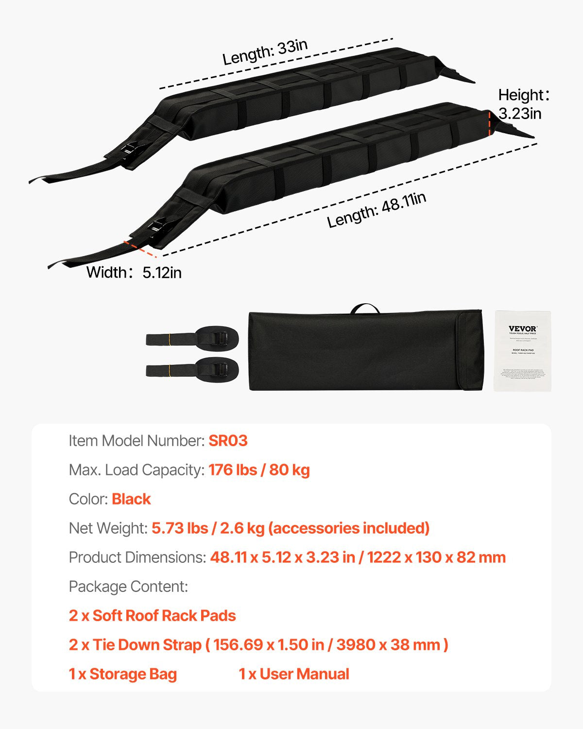 Soft Roof Rack Pads 33in 176lbs Lastkapacitet för kajak Kanot Surfboard Bagage