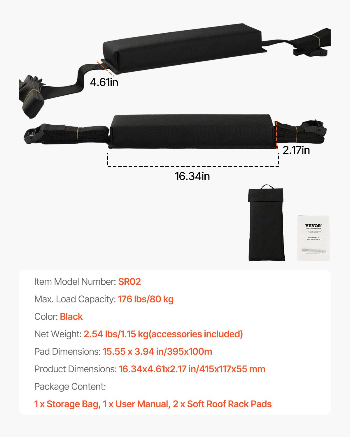 Weiche Dachgepäckträger-Pads, 15,5 Zoll, 176 lbs Tragkraft für Kajak-Surfbrett