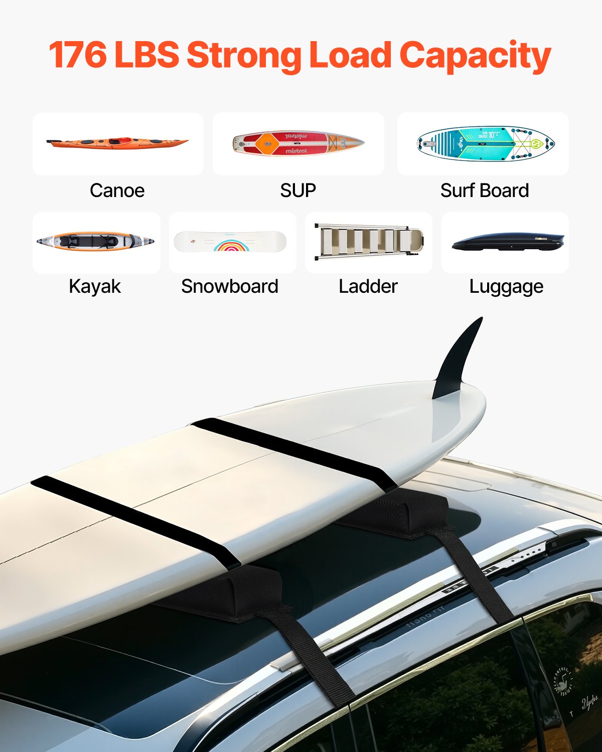 Soft Roof Rack Pads, 15.5-Inch Universal Car Roof Rack Pads, 176LBS Loading Capacity Luggage Kayak Carrier with Portable Storage Bag for SUP Canoe Snowboard Paddle Board Surfboard