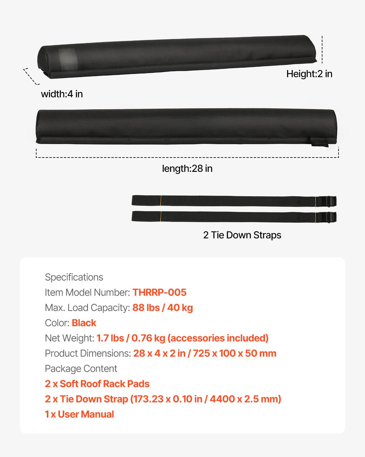 Dachgepäckträgerpolster für Querträger, Tragkraft 40 kg, für Kajak-Surfbretter