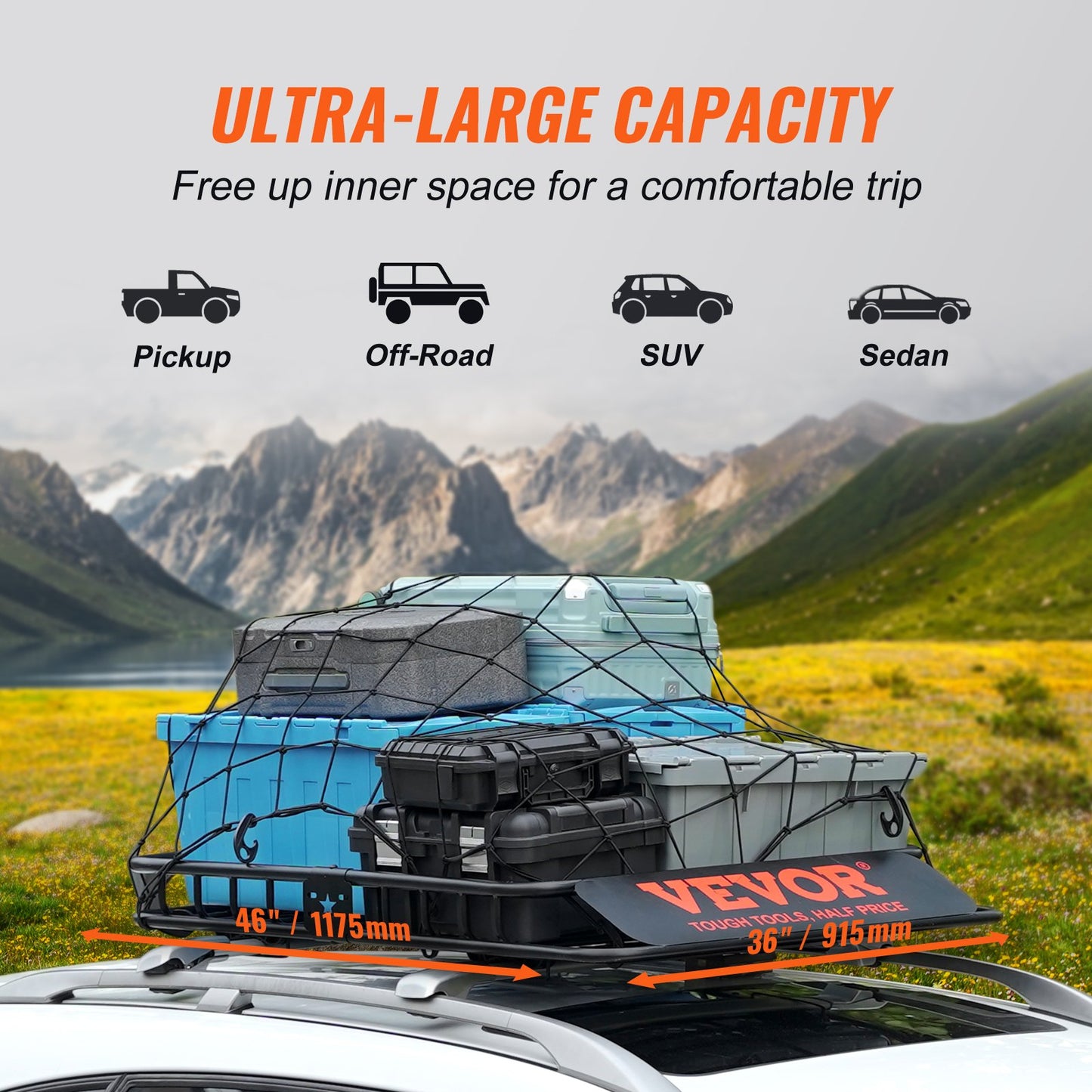 Roof Rack Cargo Basket, 46" x 36" x 4.5" Rooftop Cargo Carrier, Heavy-duty 200 LBS Capacity Universal Roof Rack Basket, Luggage Holder for SUV, Truck, Vehicle