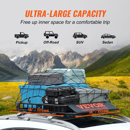 Roof Rack Cargo Basket, 46" x 36" x 4.5" Rooftop Cargo Carrier, Heavy-duty 200 LBS Capacity Universal Roof Rack Basket, Luggage Holder for SUV, Truck, Vehicle