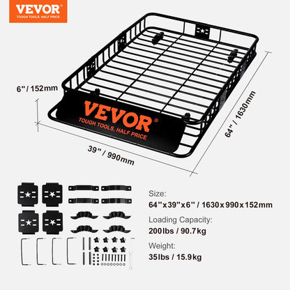 Roof Rack Cargo Basket, 64" x 39" x 6" Rooftop Cargo Carrier with Extension, Heavy-duty Steel 200 LBS Capacity Universal Roof Rack Basket, Luggage Holder for SUV, Truck