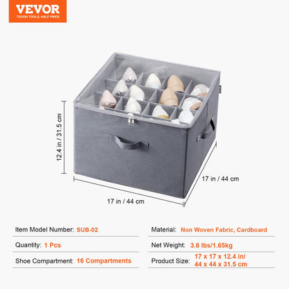 Under Bed Shoe Storage Organizer, 1 Pack, 16 Compartments, Underbed Shoe Box Storage Containers Adjustable Dividers, Sandal Organizer Storage with Clear Window, Breathable, Reinforced Handles