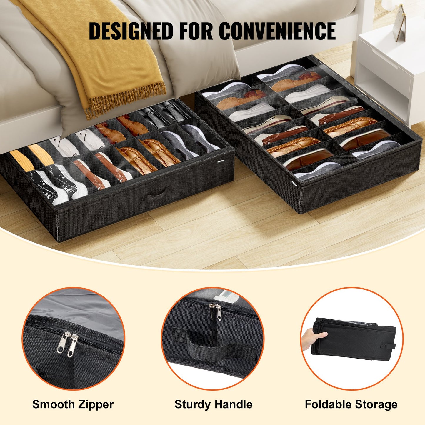 Under Bed Shoe Storage Organizer, Set of 2, Total 32 Compartments, Underbed Shoes Closet Storage Solution with Clear Window, Breathable, Foldable Fabric Container Box with Reinforced Handles