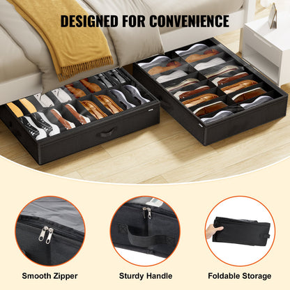 Under Bed Shoe Storage Organizer, Set of 2, Total 32 Compartments, Underbed Shoes Closet Storage Solution with Clear Window, Breathable, Foldable Fabric Container Box with Reinforced Handles