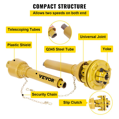 PTO Shaft, 1-3/8\" PTO Drive Shaft, 6 Spline Both Ends PTO Driveline Shaft, Series 4 Tractor PTO Shaft, 31.5\"-41\" Brush Hog PTO Shaft, Yellow PTO Shaft with Slip Clutch for Bush Hog/Finish Mow