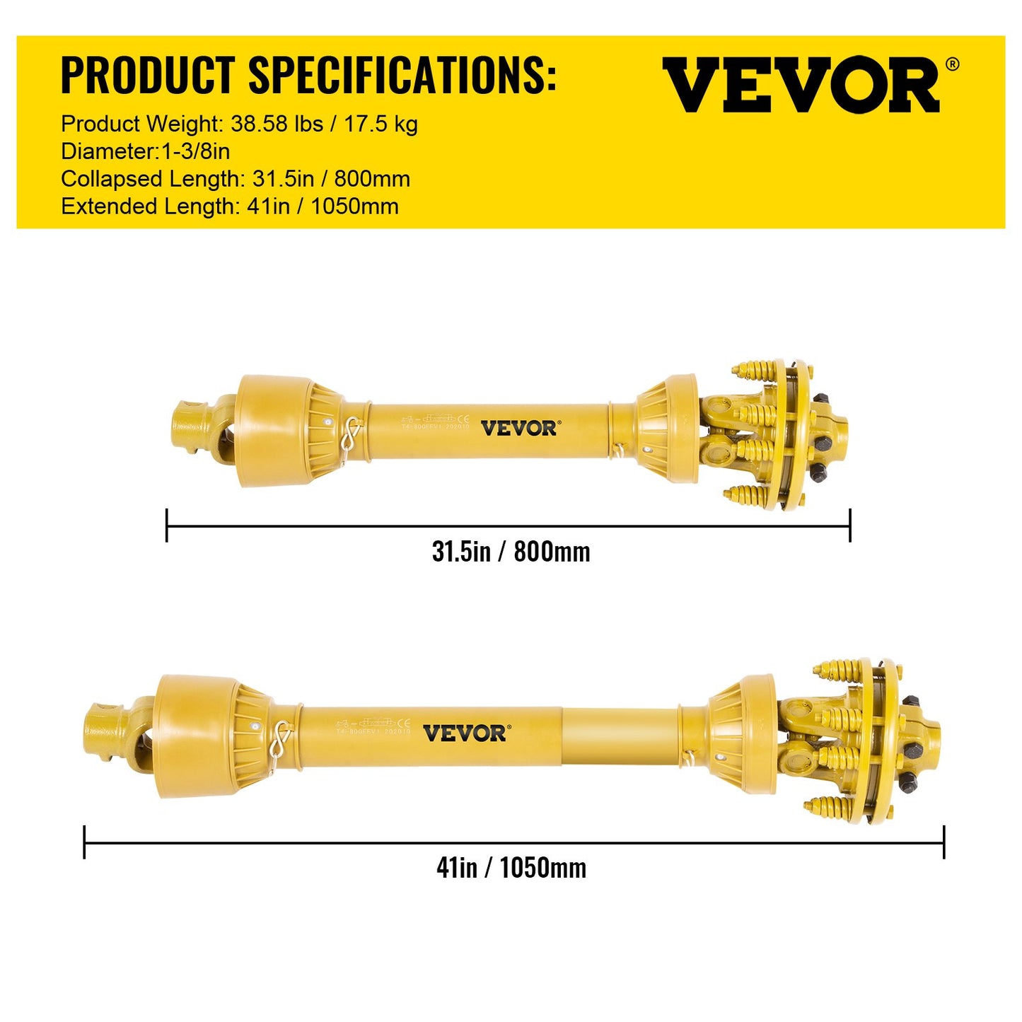 PTO Shaft, 1-3/8\" PTO Drive Shaft, 6 Spline Both Ends PTO Driveline Shaft, Series 4 Tractor PTO Shaft, 31.5\"-41\" Brush Hog PTO Shaft, Yellow PTO Shaft with Slip Clutch for Bush Hog/Finish Mow