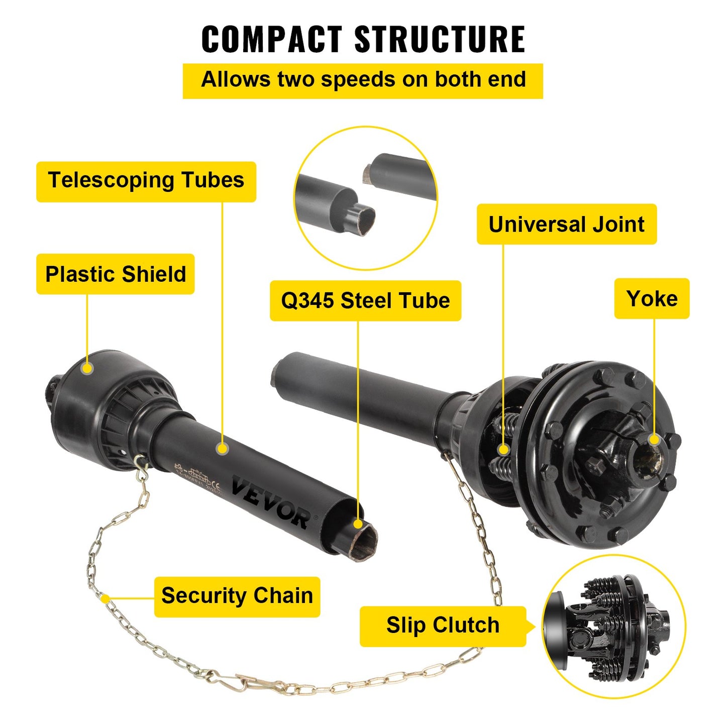 PTO Shaft, 1-3/8\" PTO Drive Shaft, 6 Spline Both Ends PTO Driveline Shaft, Series 5 Tractor PTO Shaft, 43\"-57\" Brush Hog PTO Shaft, Black PTO Shaft with Slip Clutch for Bush Hog/Finish Mower