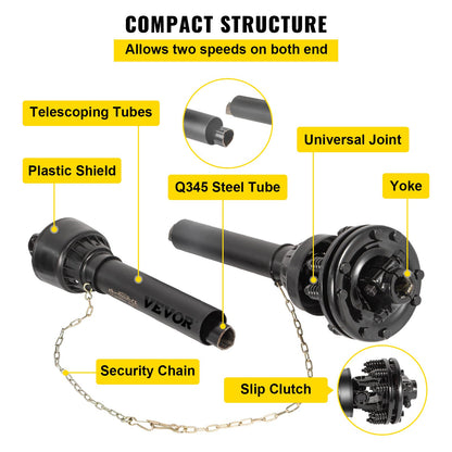 PTO Shaft, 1-3/8\" PTO Drive Shaft, 6 Spline Both Ends PTO Driveline Shaft, Series 5 Tractor PTO Shaft, 43\"-57\" Brush Hog PTO Shaft, Black PTO Shaft with Slip Clutch for Bush Hog/Finish Mower