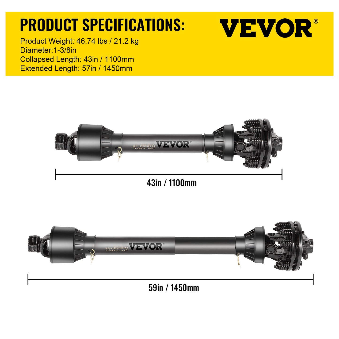 PTO Shaft, 1-3/8\" PTO Drive Shaft, 6 Spline Both Ends PTO Driveline Shaft, Series 5 Tractor PTO Shaft, 43\"-57\" Brush Hog PTO Shaft, Black PTO Shaft with Slip Clutch for Bush Hog/Finish Mower