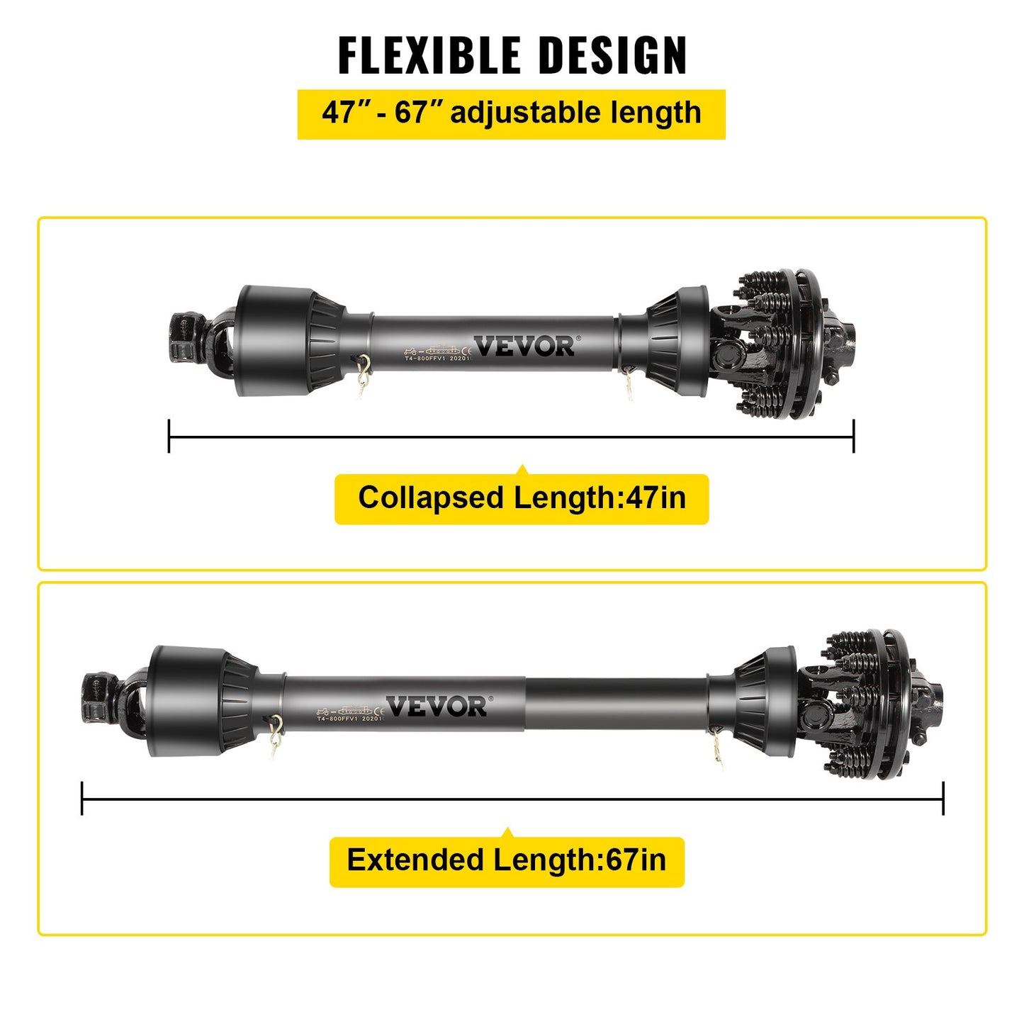PTO Shaft, 1-3/8” PTO Drive Shaft, 6 Spline Both Ends PTO Driveline Shaft, Series 6 Tractor PTO Shaft, 47”-67” Brush Hog PTO Shaft, Black PTO Shaft with Slip Clutch for Bush Hog/Finish Mower