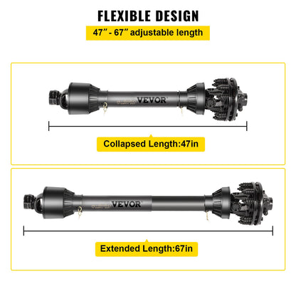 PTO Shaft, 1-3/8” PTO Drive Shaft, 6 Spline Both Ends PTO Driveline Shaft, Series 6 Tractor PTO Shaft, 47”-67” Brush Hog PTO Shaft, Black PTO Shaft with Slip Clutch for Bush Hog/Finish Mower