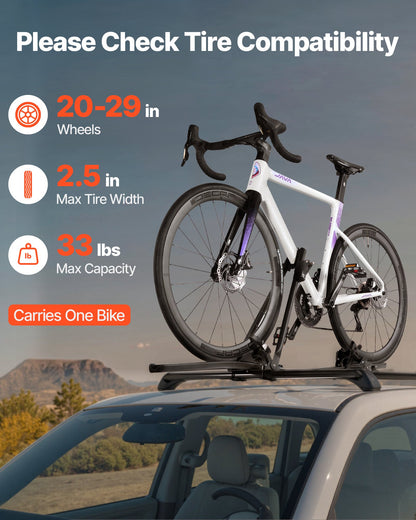Roof Bike Rack, 33 lbs Capacity, Upright Roof Mount Bicycle Rack with Secure Locking System for Most Standard Crossbars, Aluminum Upright Rooftop Bike Rack 1 Bike Carrier for Car SUV, Black