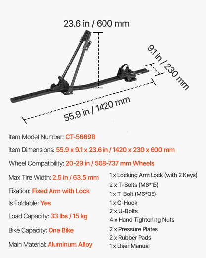 Roof Bike Rack, 33 lbs Capacity, Upright Roof Mount Bicycle Rack with Secure Locking System for Most Standard Crossbars, Aluminum Upright Rooftop Bike Rack 1 Bike Carrier for Car SUV, Black