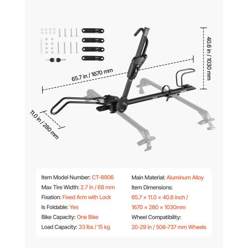 Hopfällbart cykelställ på taket Kraftigt cykelställ för bil, upprätt monteringslås