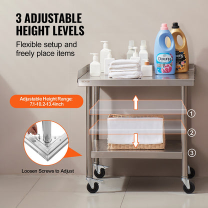 Arbetsbord i rostfritt stål 24"x28" Kommersiellt matbord med 4 hjul