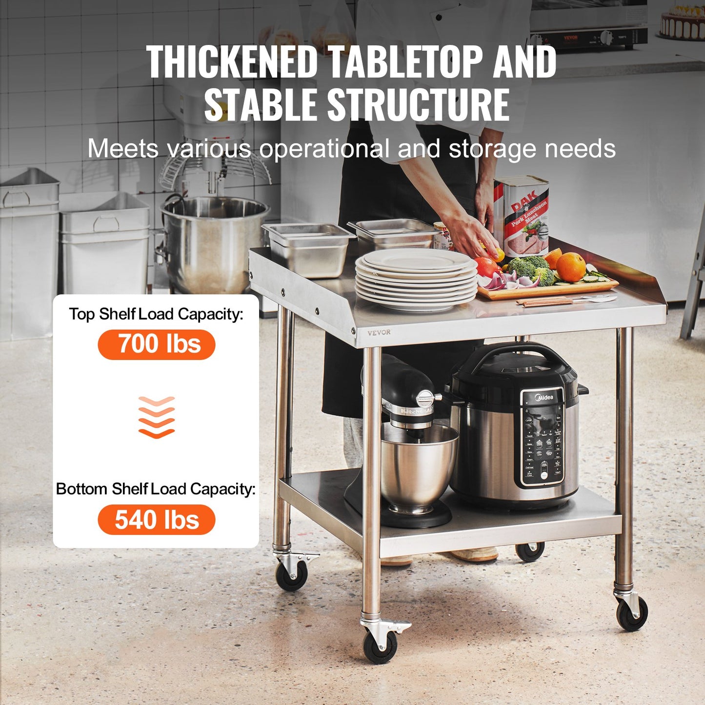 Stainless Steel Work Table, 24 x 28 x 30 Inch Commercial Food Prep Worktable with 4 Wheels, Casters, 3-Sided Backsplash Heavy Duty Prep Worktable, Metal Work Table for Restaurant Home Hotel