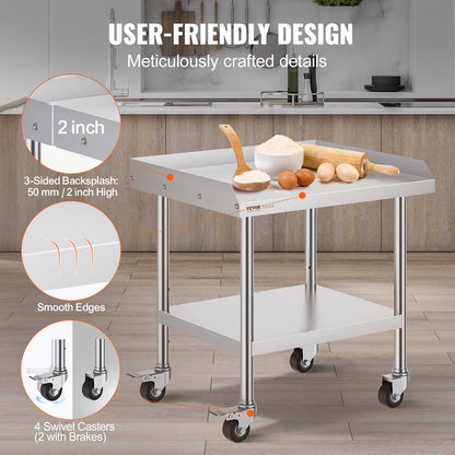 Stainless Steel Work Table, 24 x 28 x 30 Inch Commercial Food Prep Worktable with 4 Wheels, Casters, 3-Sided Backsplash Heavy Duty Prep Worktable, Metal Work Table for Restaurant Home Hotel