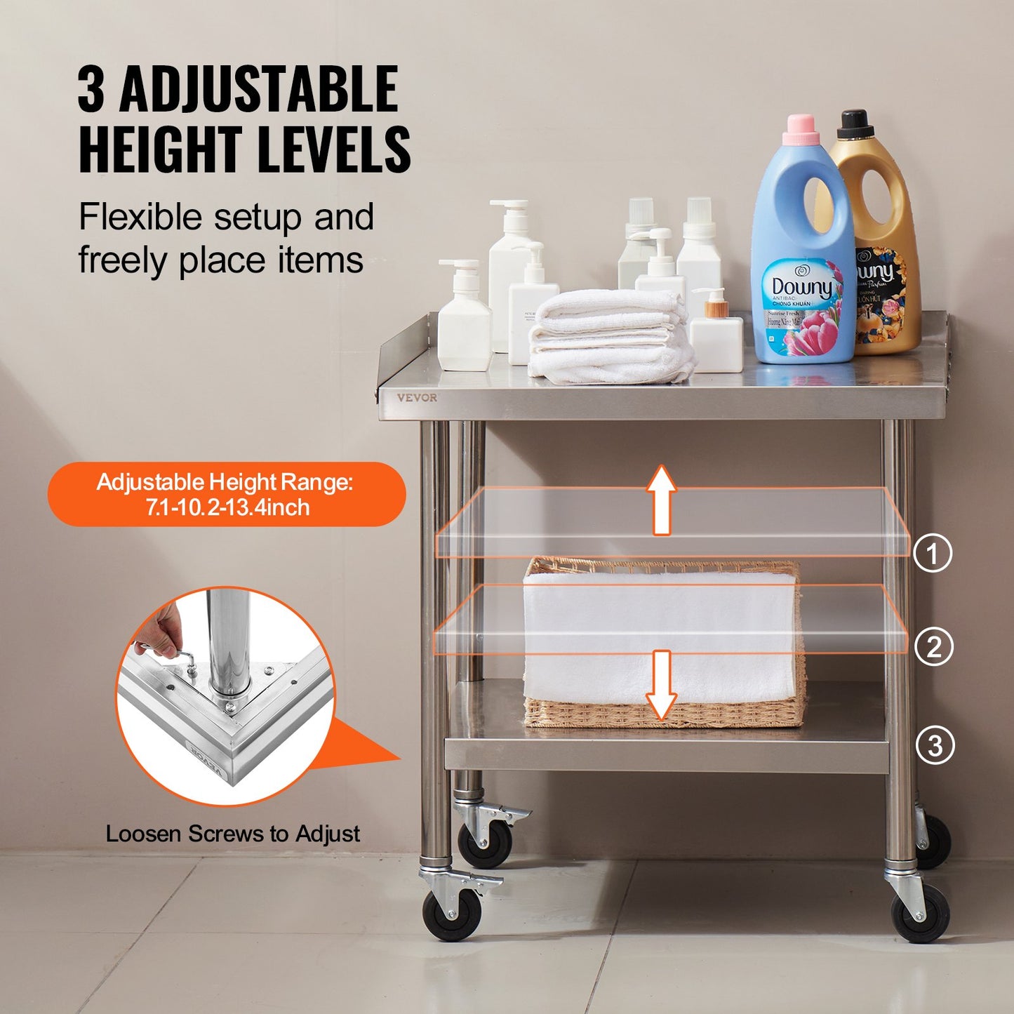 Stainless Steel Work Table, 24 x 28 x 30 Inch Commercial Food Prep Worktable with 4 Wheels, Casters, 3-Sided Backsplash Heavy Duty Prep Worktable, Metal Work Table for Restaurant Home Hotel