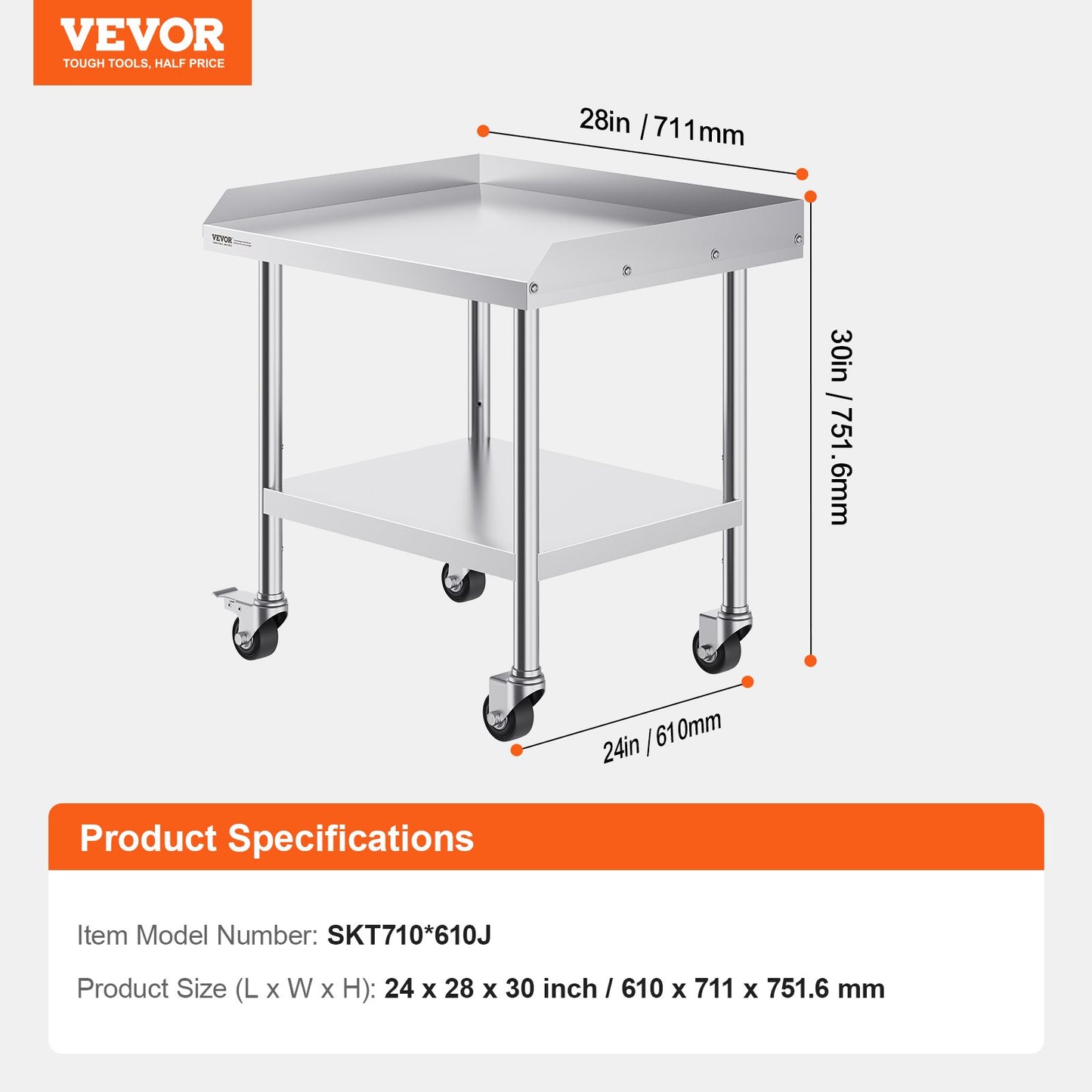 Stainless Steel Work Table, 24 x 28 x 30 Inch Commercial Food Prep Worktable with 4 Wheels, Casters, 3-Sided Backsplash Heavy Duty Prep Worktable, Metal Work Table for Restaurant Home Hotel