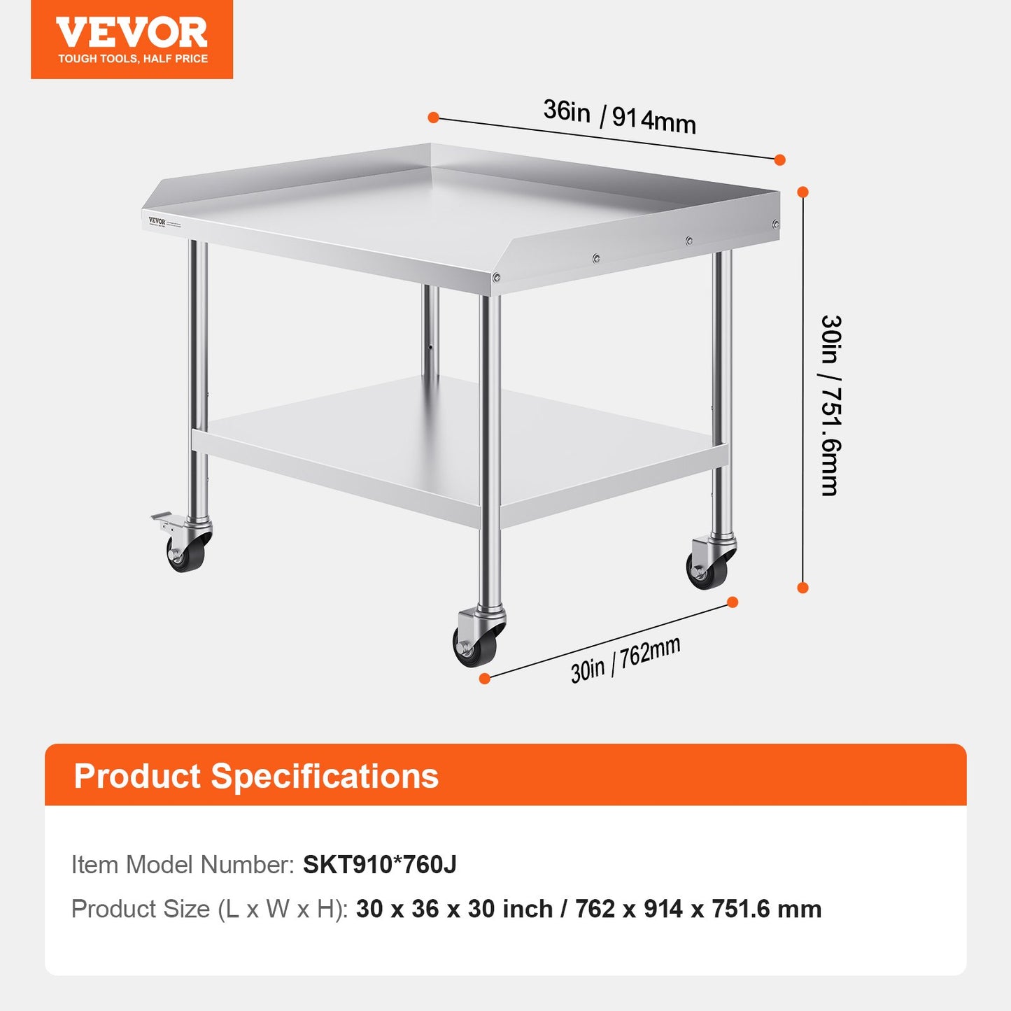 Stainless Steel Work Table, 30 x 36 x 30 Inch Commercial Food Prep Worktable with 4 Wheels, Casters, 3-Sided Backsplash Heavy Duty Prep Worktable, Metal Work Table for Restaurant Home Hotel