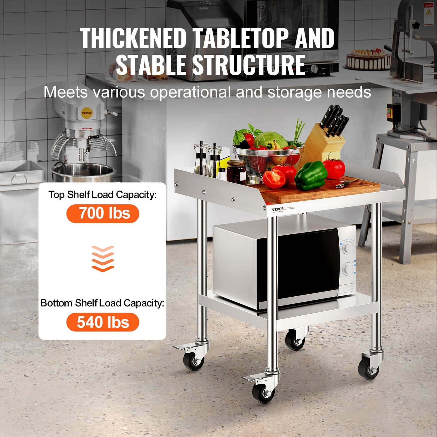 Stainless Steel Work Table, 24 x 24 x 30 Inch Commercial Food Prep Worktable with 4 Wheels, Casters, 3-Sided Backsplash Heavy Duty Prep Worktable, Metal Work Table for Restaurant Home Hotel
