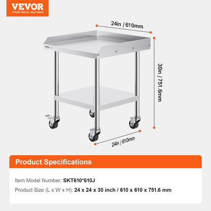 Stainless Steel Work Table, 24 x 24 x 30 Inch Commercial Food Prep Worktable with 4 Wheels, Casters, 3-Sided Backsplash Heavy Duty Prep Worktable, Metal Work Table for Restaurant Home Hotel