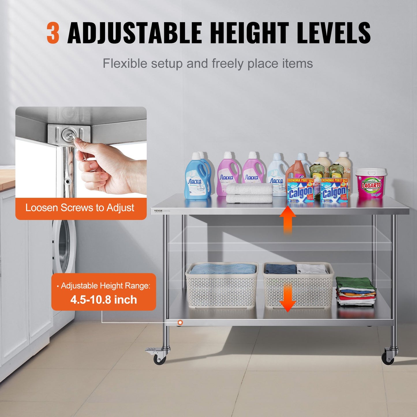 Arbetsbord i rostfritt stål Kommersiellt förberedande bord 30x60 tum med 4 hjul