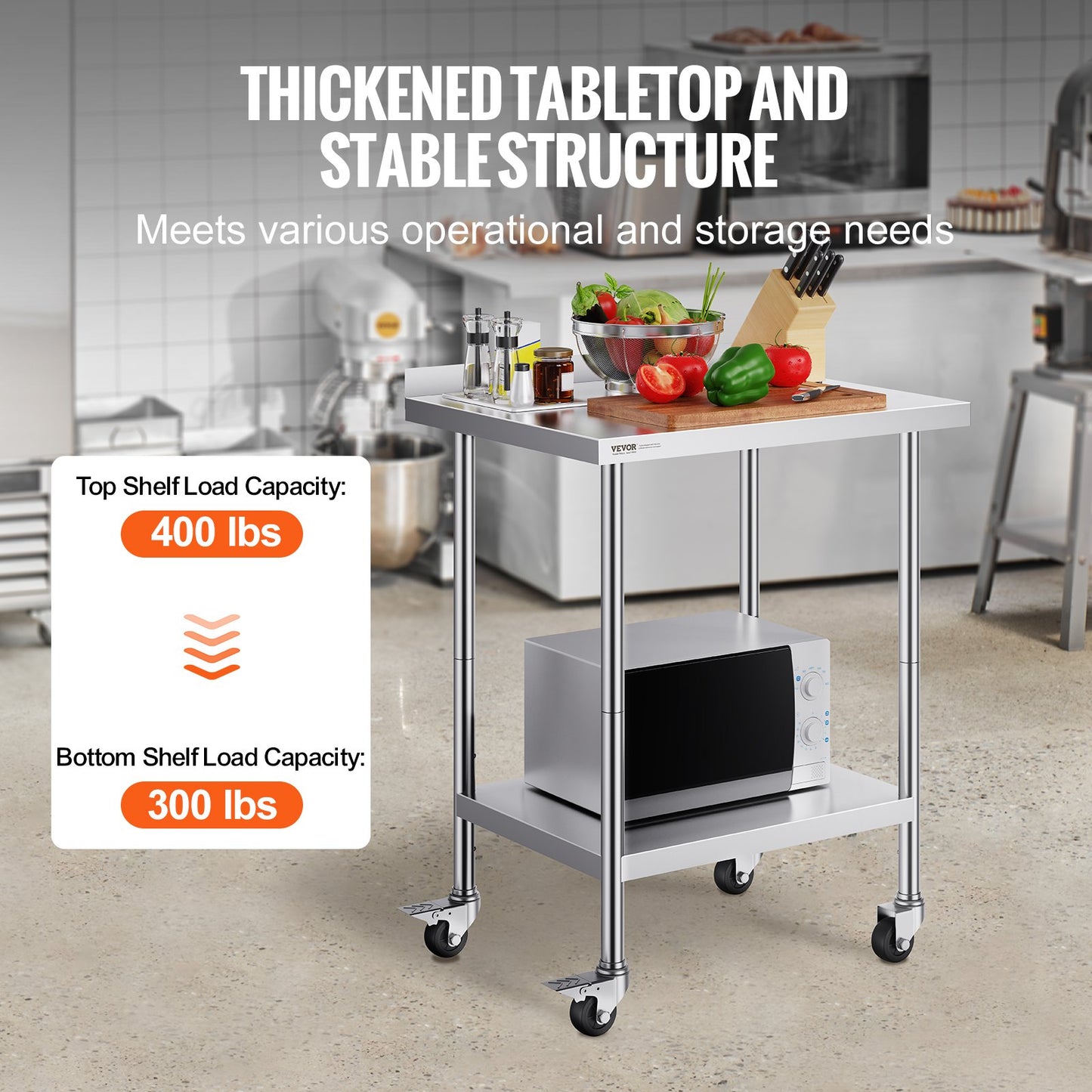 24 x 30 x 40 Inch Stainless Steel Work Table, Commercial Food Prep Worktable with Casters, Heavy Duty Prep Worktable, Metal Work Table with Adjustable Height for Restaurant, Home and Hotel