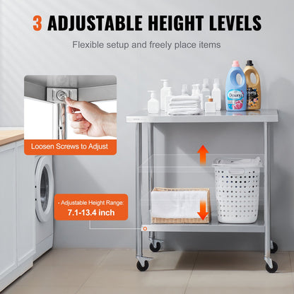 Stainless Steel Work Table 24 x 36 x 38 Inch, with 4 Wheels, 3 Adjustable Height Levels, Heavy Duty Food Prep Worktable for Commercial Kitchen Restaurant, Silver