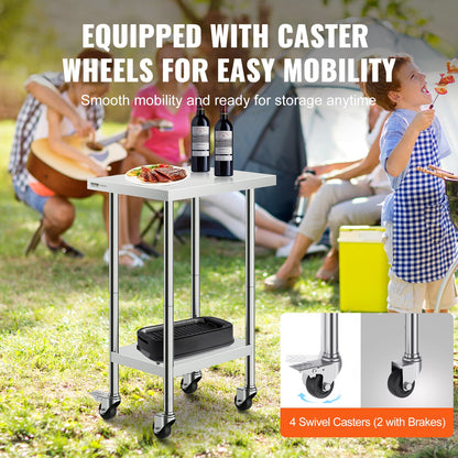 Edelstahl-Arbeitstisch, kommerzieller Vorbereitungstisch, 24 x 18 Zoll, mit 4 Rädern