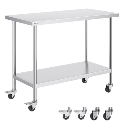 Stainless Steel Work Table Commercial Prep Table 24x48 Inch with 4 Wheels