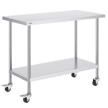Stainless Steel Work Table Commercial Prep Table 24x48 Inch with 4 Wheels