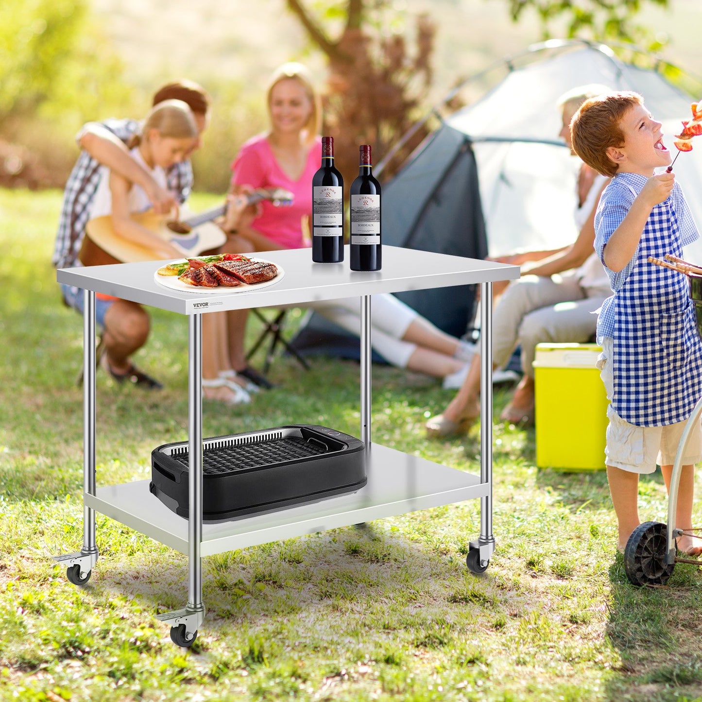 Stainless Steel Work Table 30 x 48 x 38 Inch, with 4 Wheels, 3 Adjustable Height Levels, Heavy Duty Food Prep Worktable for Commercial Kitchen Restaurant, Silver