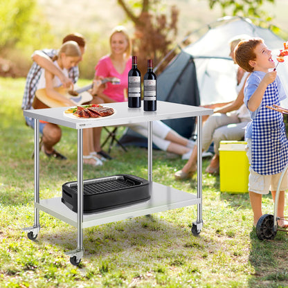 Stainless Steel Work Table 30 x 48 x 38 Inch, with 4 Wheels, 3 Adjustable Height Levels, Heavy Duty Food Prep Worktable for Commercial Kitchen Restaurant, Silver