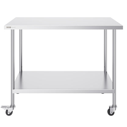 Stainless Steel Work Table 30 x 48 x 38 Inch, with 4 Wheels, 3 Adjustable Height Levels, Heavy Duty Food Prep Worktable for Commercial Kitchen Restaurant, Silver