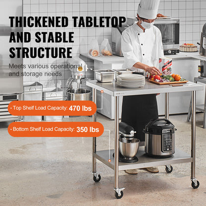 Stainless Steel Work Table 30 x 36 x 38 Inch, with 4 Wheels, 3 Adjustable Height Levels, Heavy Duty Food Prep Worktable for Commercial Kitchen Restaurant, Silver