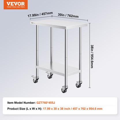 Stainless Steel Work Table 30 x 18 x 38 Inch, with 4 Wheels, 3 Adjustable Height Levels, Heavy Duty Food Prep Worktable for Commercial Kitchen Restaurant, Silver