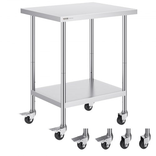 Stainless Steel Work Table 24 x 30 x 38 Inch, with 4 Wheels, 3 Adjustable Height Levels, Heavy Duty Food Prep Worktable for Commercial Kitchen Restaurant, Silver