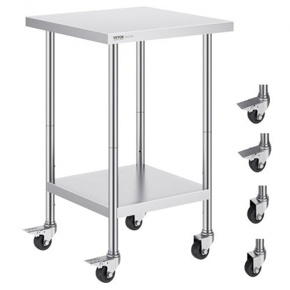 Stainless Steel Work Table 24 x 24 x 38 Inch, 700 LBS Load Capacity with 4 Wheels, 3 Adjustable Height Levels, Heavy Duty Food Prep Worktable for Commercial Kitchen Restaurant, Silver