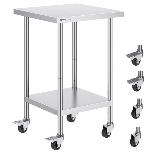 Stainless Steel Work Table 24 x 24 x 38 Inch, 700 LBS Load Capacity with 4 Wheels, 3 Adjustable Height Levels, Heavy Duty Food Prep Worktable for Commercial Kitchen Restaurant, Silver