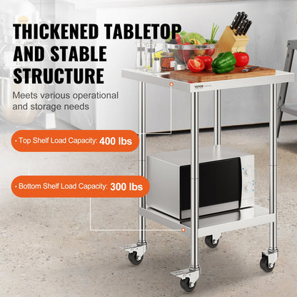 Stainless Steel Work Table 24 x 24 x 38 Inch, 700 LBS Load Capacity with 4 Wheels, 3 Adjustable Height Levels, Heavy Duty Food Prep Worktable for Commercial Kitchen Restaurant, Silver