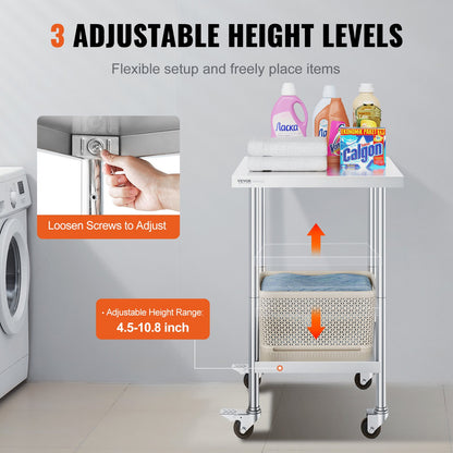 Stainless Steel Work Table 24 x 24 x 38 Inch, 700 LBS Load Capacity with 4 Wheels, 3 Adjustable Height Levels, Heavy Duty Food Prep Worktable for Commercial Kitchen Restaurant, Silver