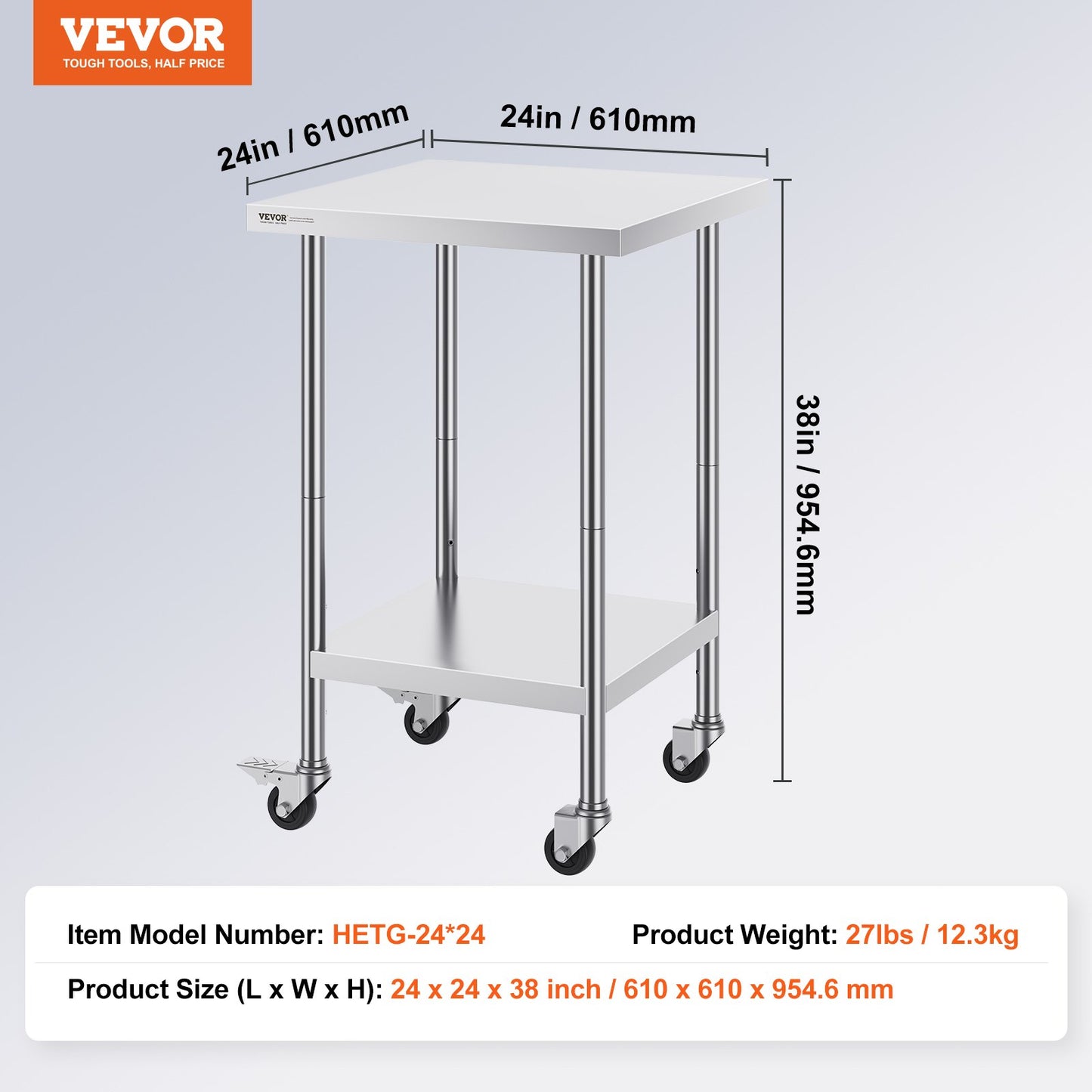 Stainless Steel Work Table 24 x 24 x 38 Inch, 700 LBS Load Capacity with 4 Wheels, 3 Adjustable Height Levels, Heavy Duty Food Prep Worktable for Commercial Kitchen Restaurant, Silver