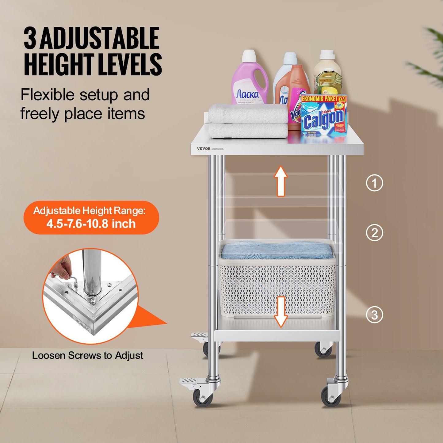 Arbetsbord i rostfritt stål Kommersiellt matbord 24"x24" med hjul