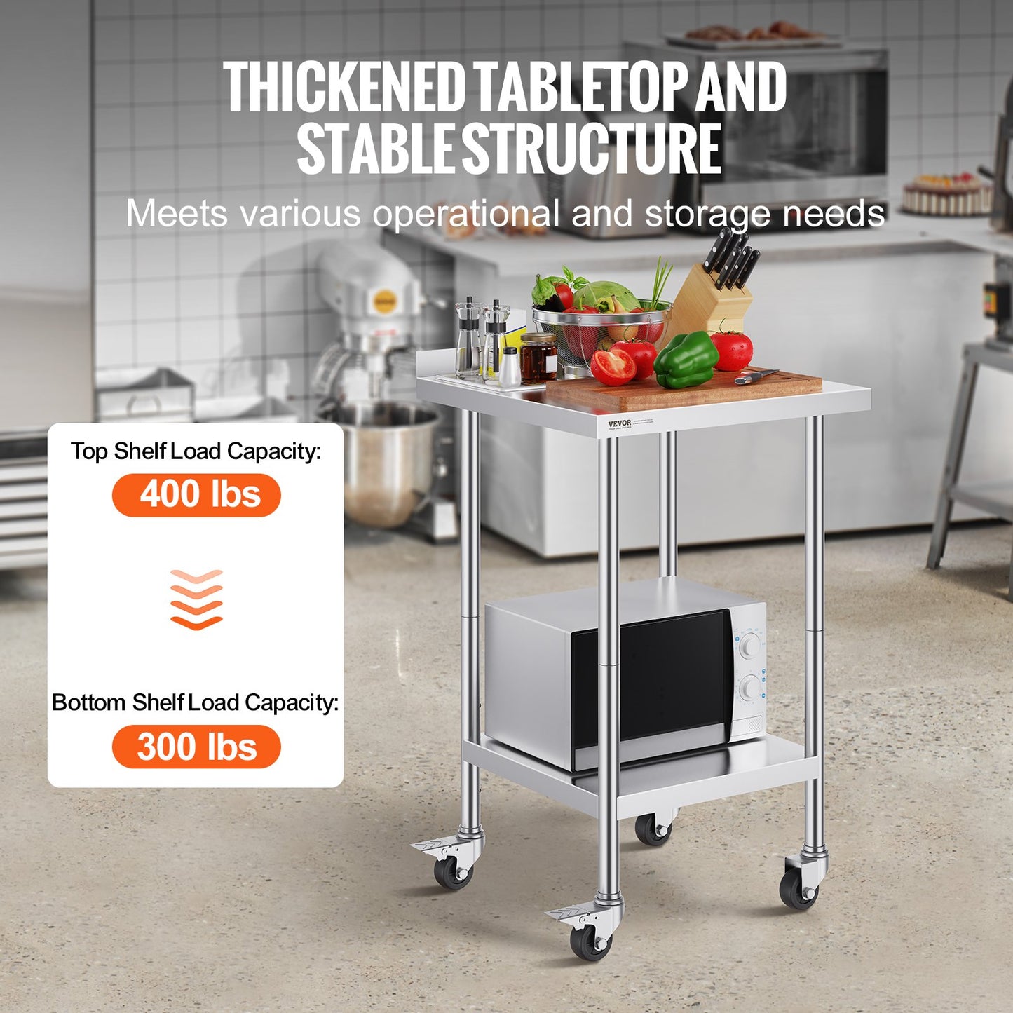 24 x 24 x 40 Inch Stainless Steel Work Table, Commercial Food Prep Worktable with Casters, Heavy Duty Prep Worktable, Metal Work Table with Adjustable Height for Restaurant, Home and Hotel