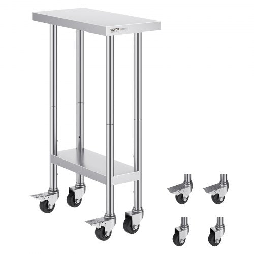 Stainless Steel Work Table 24 x 12 x 38 Inch, 500 LBS Load Capacity with 4 Wheels, 3 Adjustable Height Levels, Heavy Duty Food Prep Worktable for Commercial Kitchen Restaurant, Silver