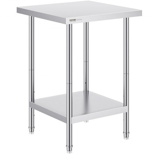 Stainless Steel Prep Table, 24 x 24 x 34 Inch, 700 lbs Load Capacity, Heavy Duty Metal Worktable with 3 Adjustable Height Levels, Commercial Workstation for Kitchen Garage Restaurant Backyard