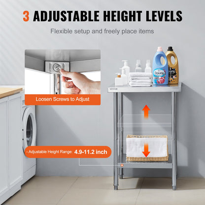Stainless Steel Prep Table, 24 x 24 x 34 Inch, 700 lbs Load Capacity, Heavy Duty Metal Worktable with 3 Adjustable Height Levels, Commercial Workstation for Kitchen Garage Restaurant Backyard